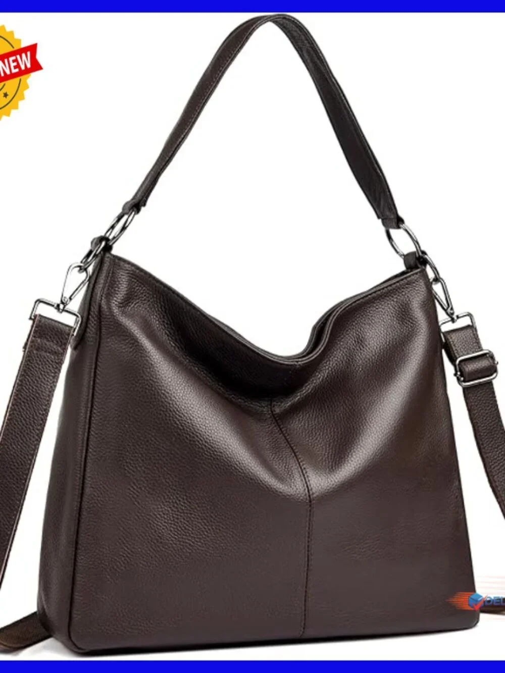 Large Genuine Leather Hobo Tote with Detachable Straps, Crossbody Shoulder Bag